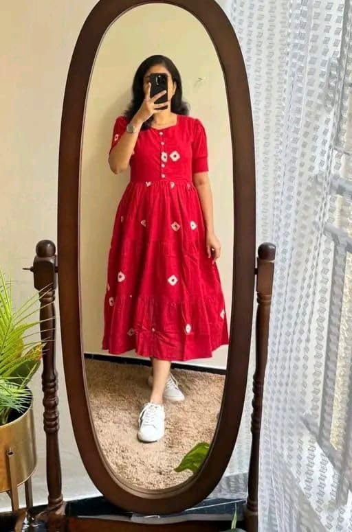 Image of Women's Red Cotton Midi Dress with White Diamond Print | Button-Front, Short Sleeves & Tiered Flare Design for Women Stylish |Dress One Piece Dress for Women