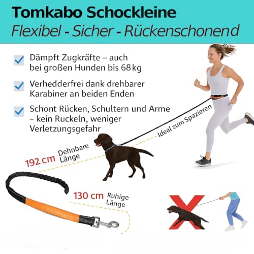 Tomkabo Joggingleine Hund, Freihändige Hundeleine mit Bauchgurt – Joggen, Laufen, Wandern, Spaziergänge, elastisch, stoßdämpfend, reflektierend, mit Tasche, 130-180cm