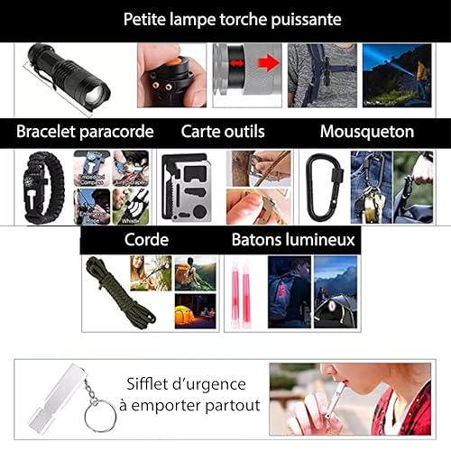 kit de Survie XXL + Trousse De Secours Ultra Complete - Mini Pelle Pioche Pliante - scie - Boussole - Paracorde - Couteau Pliant Multifonction - Allume Feu - Lampe Torche - Filtre à Eau - Garrot... – Image 4