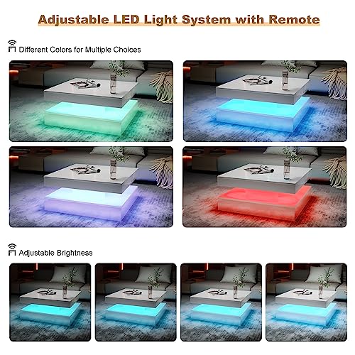 KEEPREAPER White Square Coffee Table for Living Room, Modern Coffee Tables with Storage, LED Light Coffee Table 2-Tier Square Middle Center Table,Contemporary Wood Tea Tables for Dining - Image 4