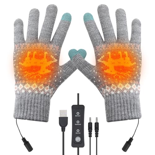 Victop Guanti Riscaldati USB per Uomo Donna Caldi Guanti Riscaldanti Invernali Guanti in maglia Touchscreen a Dita Intere per Laptop 3 Temperature Regolabili Scaldamani per Interni ed Esterni (Grigio)