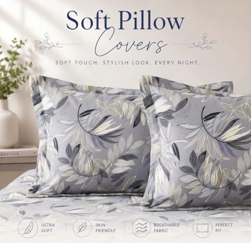 Image of BSB HOME 210 TC Cotton Feel Double Bedsheet with 2 Pillow Covers, Soft & Breathable Floral Printed Bed Sheet, Easy Care Bedding for Bedroom - 86 x 88 Inches (218 x 224 cm) (Slate Grey)
