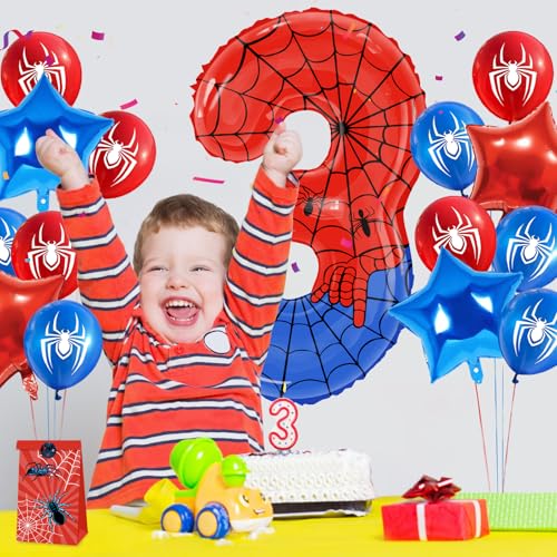 Image of 15 Pcs Spider Birthday Decorations 40 Inch Giant Number 3 Foil Balloon Star Foil Red Blue Balloons Birthday Party Decorations for Boys Kids Girls Anniversary Baby Shower Party Supplies Gifts