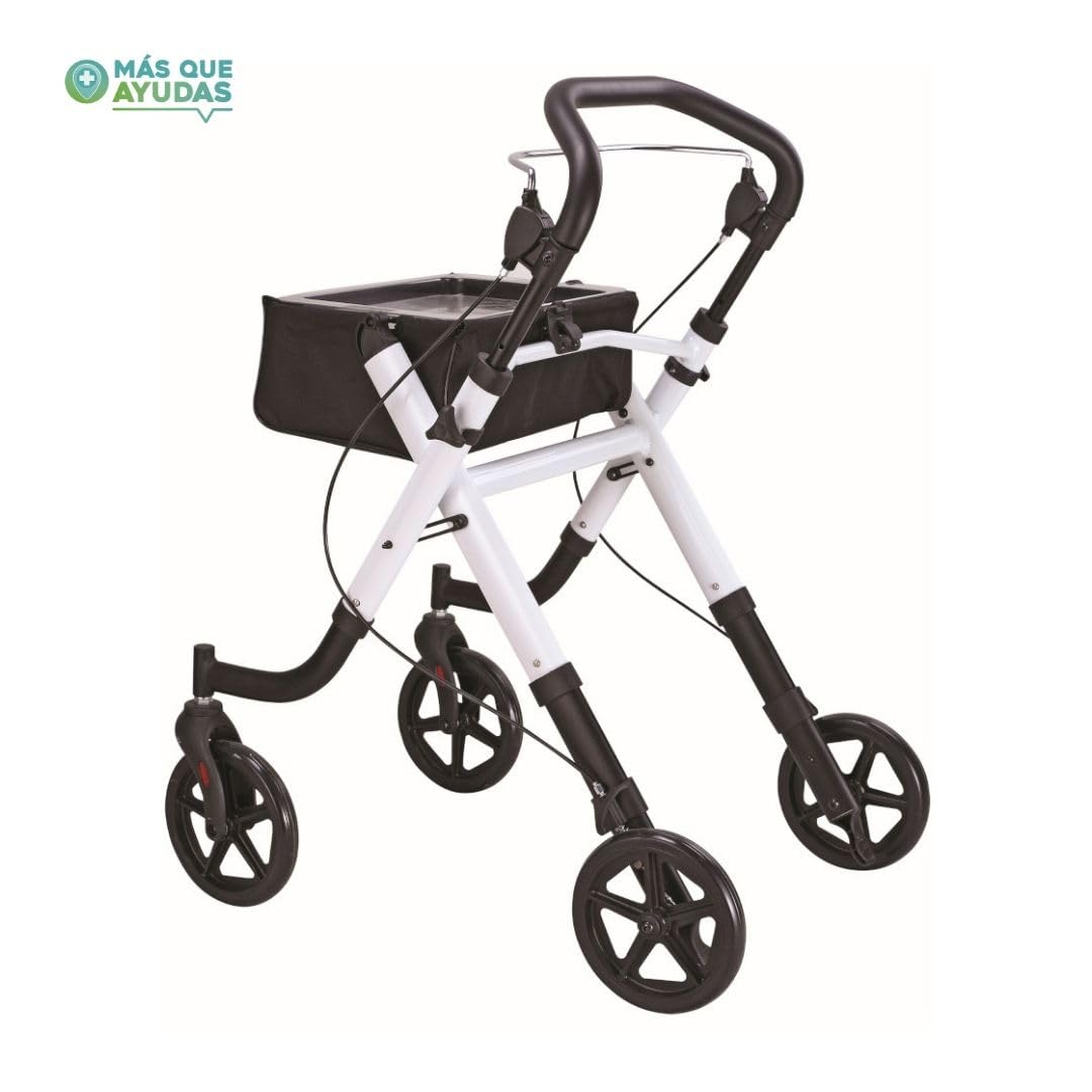 Andador Rollator para minusválidos, ancianos, ligero, plegable, frenos por presión, aluminio con bandeja transparente y bolsa extraíble, ruedas de 20 cm diámetro.