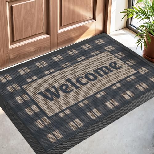 DEXI Front Door Mat Outside Entrance, Welcome Entryway Doormat Dirt Trapper, Heavy Duty Non Slip Entry Mats for Patio Garage Porch Home Decorative, 24x36, Checkered Beige