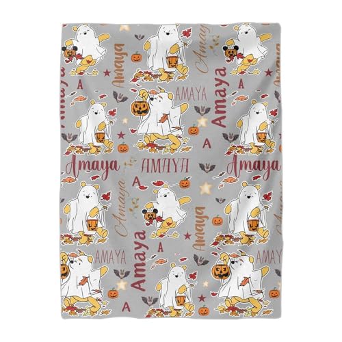 Personalized Pooh Bear Blanket for Halloween, Custom Winnie The Pooh Baby Blanket with Name, Autumn Leaves & Pumpkins, Fall-Themed Baby Gift, Cozy Nursery Bedding