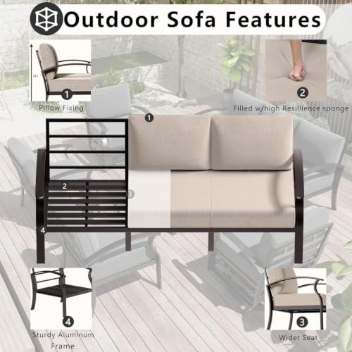 Image of Aluminum Patio Furniture Set with Fire Pit Table, 7 Seats Outdoor Patio Conversation Sets with Swivel Chairs, Modern Metal Sectional Sofa with Upgrade Cushions for Patio, Backyard, Deck - Sand