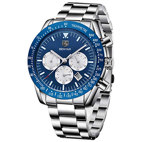 Preisvergleich Produktbild BENYAR - stilvolle Armbanduhr für Männer / Blaues Zifferblatt / 44mm Edelstahl / Quarzwerk / 30M wasser- und kratzfest / Perfektes Geschenk für jeden Anlass / Verfügbar in mehreren Farbbändern