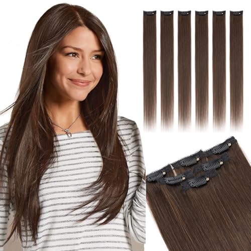 Elailite Hair Extensions Clip In Real Human Hair Remy Single Clip Brown Double Weft 6 Pcs Seamless Highlights Hairpieces Straight - #02 Dark Brown - 10 Inch 31g