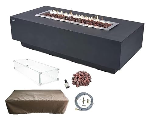 Elementi Granville Gas Fire Pit Cast Concrete Fire Table, Outdoor Fire Pit Electronic Ignition | Canvas Cover, Lava Rock Included | Free AMS Wind Guard & Table-top Firepit | Dark Gray (Natural Gas)