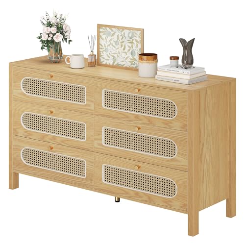 GOOBED Natural Rattan 6 Drawer Dressers Wooden Chest of Drawers with Golden Handles - Modern Large Boho Dressers Storage Cabinet for Living Room Hallway/Entryway Oak