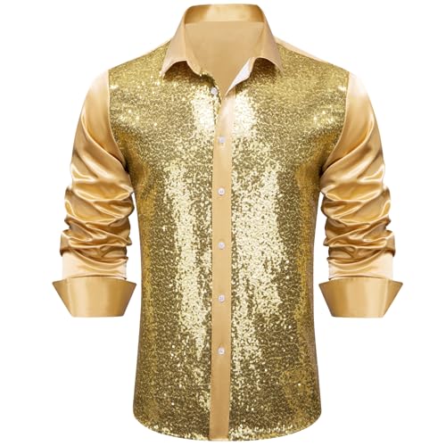 Barry.Wang Mens Disco Shirt Sequins Satin Shiny Metallic Long Sleeve Button Down Shirts 70s Vintage Cocktail Nightclub Rock 5