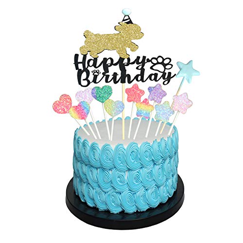 Dog Happy Birthday Cake Topper Cake Puppy Pick for Pet Dog Birthday Party,Colourful Heart and Star