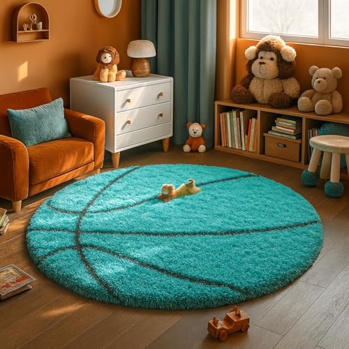 Image of Modern Shaggy Round Rug | Ultra-Soft Plush Circle Carpet for Living Room, Bedroom, Nursery | Fuzzy, Fluffy Area Rug with Non-Slip Base Turqoise Ball 7x7 feet