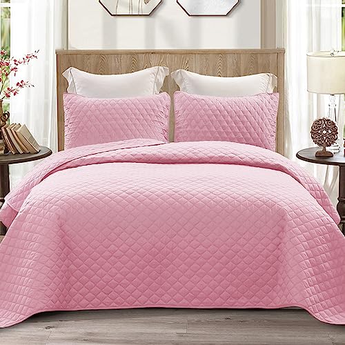 Exclusivo Mezcla Reversible King Size Quilt Bedding Set with Pillow Shams, Lightweight Quilts King Size, Soft Bedspreads Bed Coverlets for All Seasons - (Bright Pink, 104"x96")