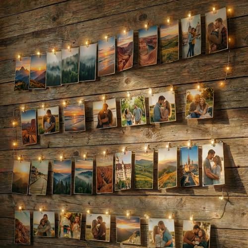BG9D LED Fotoclips Lichterkette 6M 60Led Warmweiß mit 30 Klammern und 15 Haken an der Wand Timer 2 Modi für Zimmer Deko Fotos Wand Wohnzimmer Weihnachten Hochzeiten Party Warmweiß