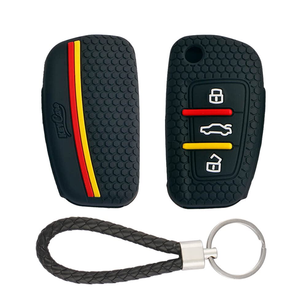 Keycare Silicone Key Cover Compatible for Audi A1 A3 A6 Q2 Q3 Q7 TT TTS R8 S3 S6 RS3 3 Button flip Key (KCMini Black Keyring)