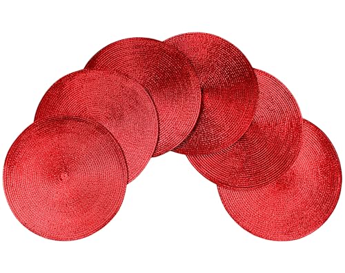 Christmas Carol Woven Spiral Table Placemats 15 Inches Round Set of 6 Non-Slip Dining & Kitchen Table Mats Red