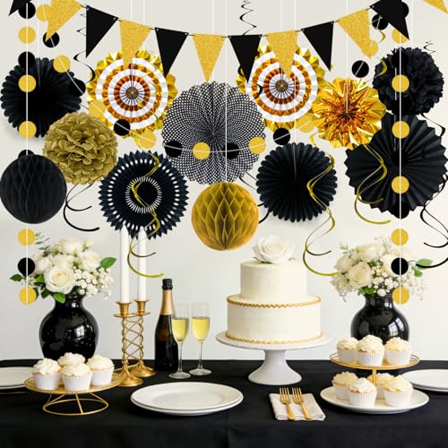 Image of 24 Pcs Black and Gold Party Decorations, Paper Fans Pom Poms Garland Decor | Pennant garland, circle dots and hanging spirals for 2026 graduation, birthday, New Year, wedding and anniversary party decor