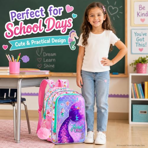 Image of 3Pcs Mermaid Backpack for Girls, 16 inch Kids Fish Tail Backpacks with Lunch Box, School Bookbag for Elementary Preschool Kindergarten(Pink)