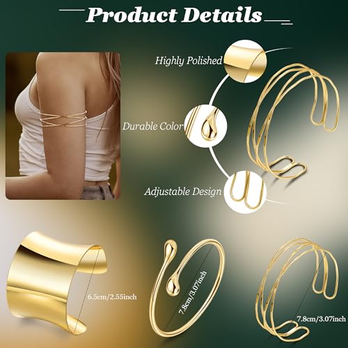 3Pcs Upper Arm Cuff for Women Adjustable Open Chunky Cuff Bracelets Set Gold Irregular Boho Coil Arm Cuff Bangle3