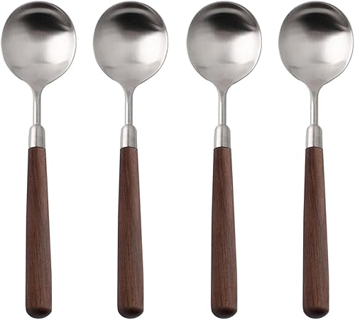 Cuchara de mango de madera retro, cucharadas de servir de acero inoxidable, cuchara de madera, cubiertos plateados con mango marrón, 4 unidades.