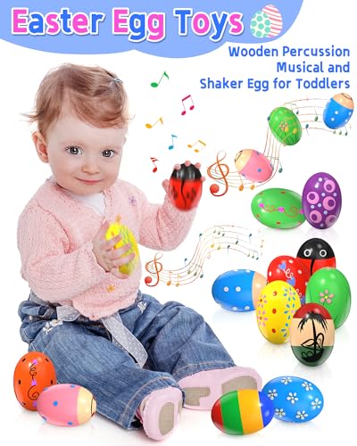 Image of 12 Pack Wooden Percussion Musical Shaker Prefilled Easter Eggs with Toys Inside Filled, Toddlers Easter Basket Stuffers Egg Fillers Montessori Toys Gifts for Kids Boys Girls Babies