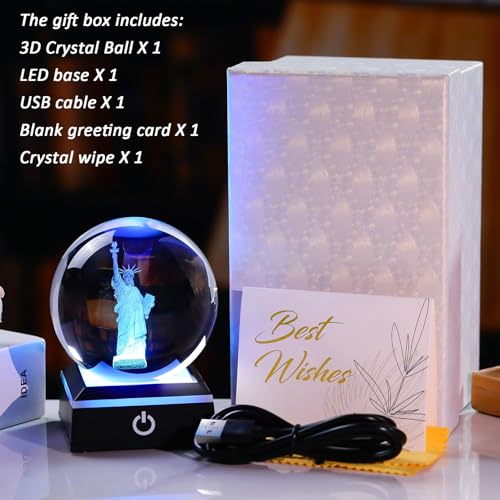 Image of 3D Crystal Ball Statue of Liberty Figurines New York City Souvenirs Gifts for Women Men Adults with LED Base Night Light Decor USA Snow Globe Glass NYC Globe for Christmas Birthday