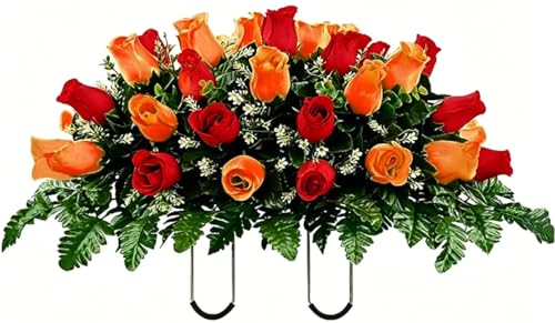 Artificial Roses Cemetery Flowers Outdoor Grave Decorations - Realistic - Saddle Arrangement for Headstone,Tombstone Memorial Decorations,Easy Fit (Red Orange) image 5