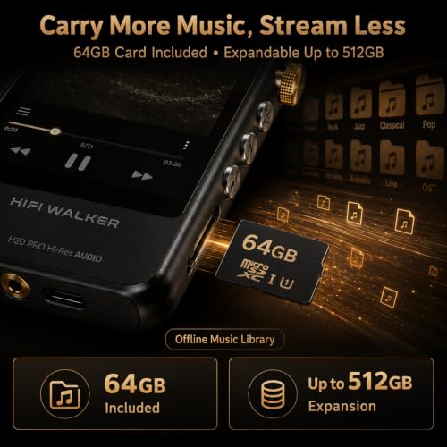 Image of HIFI WALKER H20 Pro Hi-Res MP3 Player with Bluetooth, 64GB Memory Card