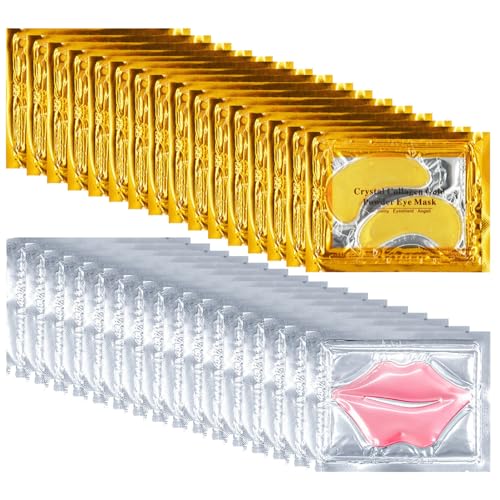 Blopuivo 32 pares de máscaras labiales con máscara de ojos, colágeno de 24 quilates para ojeras e hinchazón, reducen las arrugas de los labios, prevenir