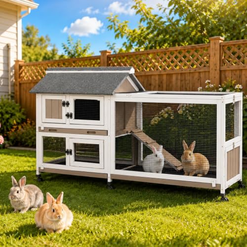 2-Story Rabbit Hutch Indoor & Outdoor Large Bunny Hutch with 3 Pull-Out Trays 6 Lockable Wheels Wooden Rabbit Cage with Asphalt Roof & 6 Accesses for 2-4 Rabbits Backyard Home Patio