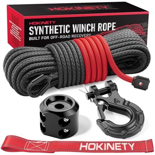 HOKINETY Synthetic Winch Rope Kit - 1/4' x 50' 10000 lbs Synthetic Winch Cable for ATV UTV Off-Road Vehicles with Forged Hook, Rubber Stopper, Protective Sleeve and Safety Pull Strap - Grey