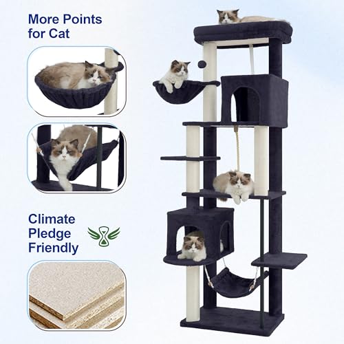 Image of Gitelsnour Cat Tree, Cat Tower with Sturdy Steel Tube, Large Perch GCT024G | 70.5'' Cat Furniture with Scratching Post, Hammock, Basket and Big Platform for Indoor Cats Large Adult, Drak Gray
