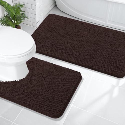Image of OLANLY Bathroom Rugs Sets 2 Piece, Soft Absorbent Chenille Bath Mats and U-Shaped Contour Toilet Mat Area Rug Set, Machine Washable Bath Carpet, Home Decor Accessories(47 inchx20 inch+24 inchx20 inch, Brown)