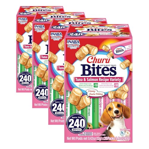 Image of INABA Churu Bites for Dogs, Soft & Chewy Dog Treats with Vitamin E, 0.42 Ounces Each Tube, 20 Tubes, Tuna & Salmon Variety Box (Pack of 4)