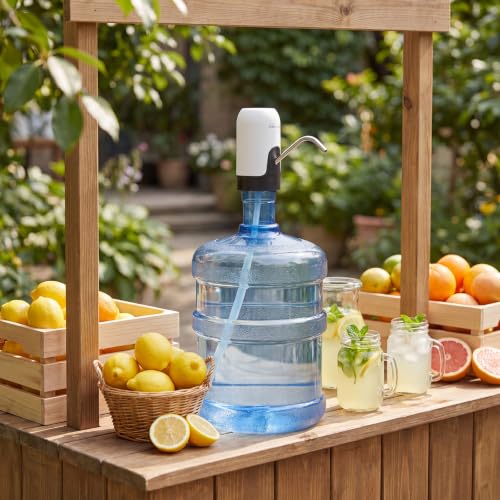 Image of Maxdot 4 Pieces Lemonade Stand Supplies, 5 Gallon Electric Water Dispenser with Straw Brush, Straw Puncher for Plastic Lids, Lemonade Cups, Muddler for Fresh Squeezed Drinks (Small,Wood)