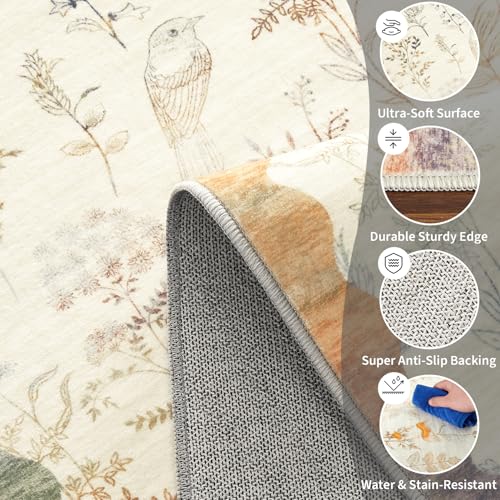 GarveeHome Washable 2x6 Runner Rugs for Bathroom Floral Kitchen Rug Neutral Scalloped Carpet, Non-Slip Hallway Rug Stain Resistant Modern Low-Pile Carpet for Laundry Bedside Entryway(2x6ft)