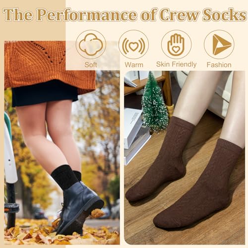 Image of Justay 5 Pairs Womens Wool Socks Thick Warm Winter Socks Casual Cozy Socks Vintage Knit Crew Socks Gift for Women