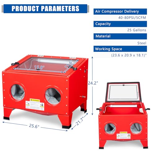 Image of 25 Gallon Sandblasting Cabinet | 40-80 PSI, Blasting Gun & 4 Nozzle, Heavy Duty Steel Bench Top, For Stain, Removal, Paint