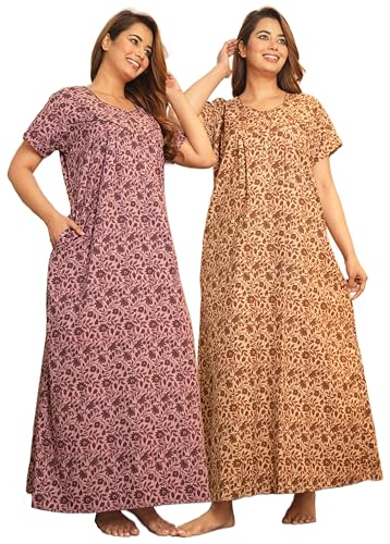 Image of G4Girl Women's Regular Nighty Rajasthani Nighty Rajasthani Gown Jaipuri Nighty Jaipuri Gown Maxi Gown with Pocket - (Combo)
