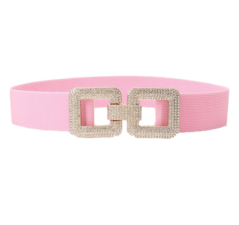 COTIM COYIN Women's Elastic Belt with Double Rhinestone Square Buckle, Stretchy Waistband