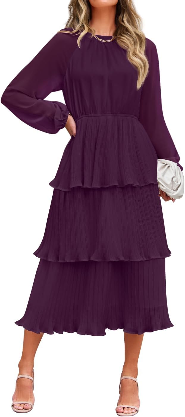 Women's 2026 Long Sleeve Crew Neck Ruffle Tiered Layered Chiffon Flowy Swing Long Midi Dress