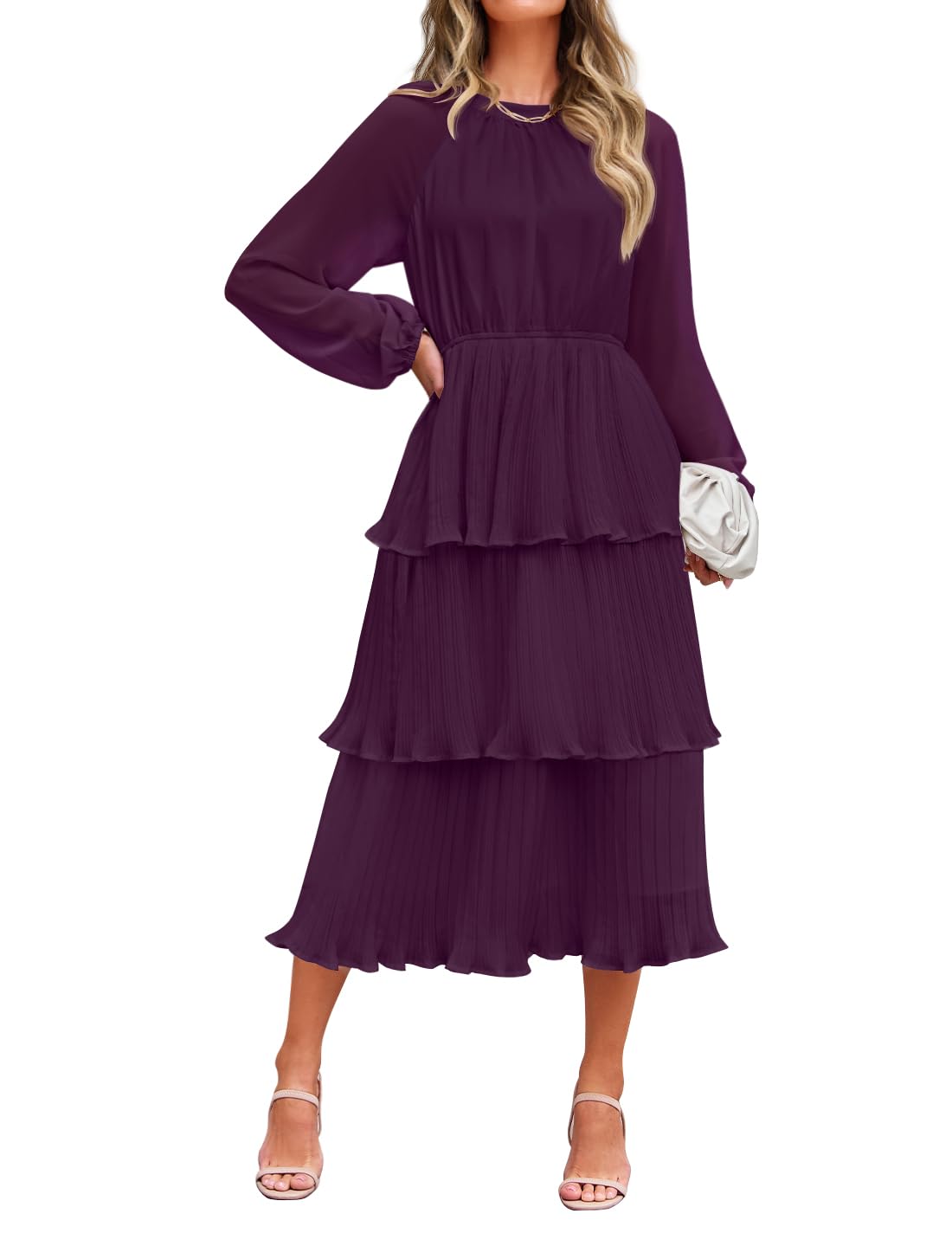 Women's 2026 Long Sleeve Crew Neck Ruffle Tiered Layered Chiffon Flowy Swing Long Midi Dress