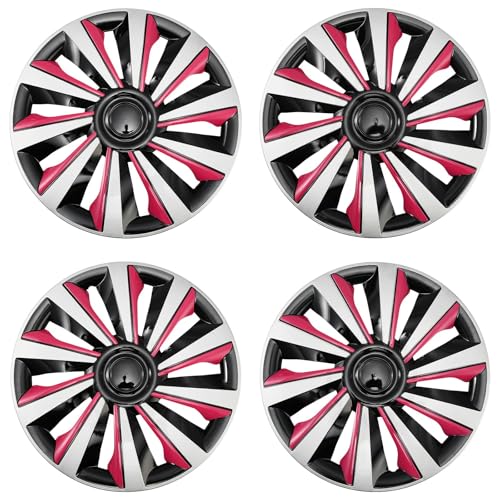 Image of Silver with Pink Hubcap Wheel Cover Replacement Kit 16 inch Hub Caps Wheel Rim Cover Car Exterior Accessories Pack of 4, 16 Inches