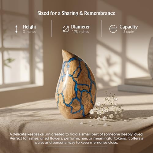 Image of Wooden Teardrop Cremation Urns for Human Ashes - 3 Cubic Inches Funeral Memorial Urn for Women & Men - Blue Decorative Keepsake Burial Urn for Male or Female Memorial Display