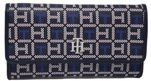 Tommy Hilfiger Carteira feminina TH Logo Print Checkbook Bolsa clutch - azul marinho/branco, Azul, Carteira continental
