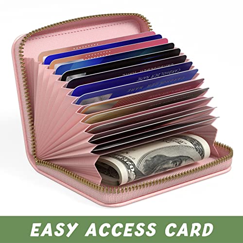 Image of Aiawoxc Credit Card Holder for Women, Small RFID Wallet Slim Leather Business Card Organizer Case with Zipper and Keychain, Pink