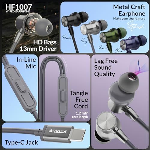 Image of AROMA HF1007 Type C Wired Earphone with HD Quality in-Line Mic,12mm Driver Hi-Res Wired