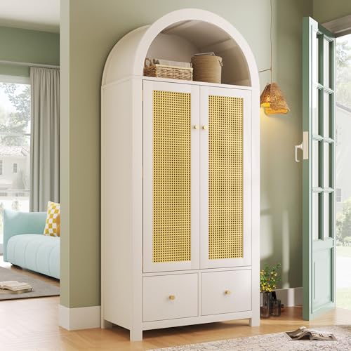 Fppuueg Armario con 2 Puertas Arqueadas de Ratán, Armario Dormitorio 2 Puertas con Compartimento Superior de Almacenaje y 2 Cajones, Armario Ropero Estrecho Moderno, 181x78x45 cm, Blanco